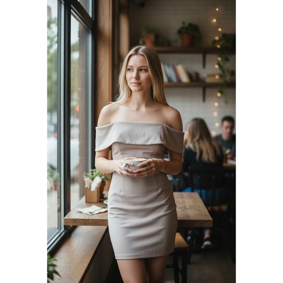 Cloud Ten Womens Off The Shoulder Mini Dress Light Grey Bodycon Bardot Size M - Picture 2 of 5